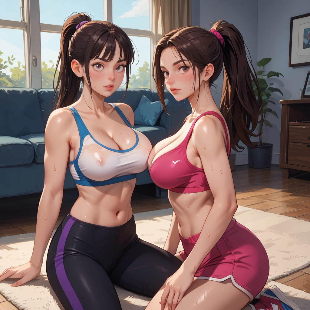 breasts, multiple girls, 2girls, indoors, sports bra, navel · Yamete.gg
