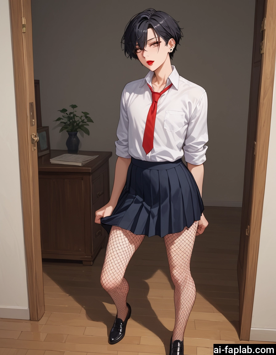 skirt, fishnets, necktie, 1girl, short hair, solo · Yamete.gg
