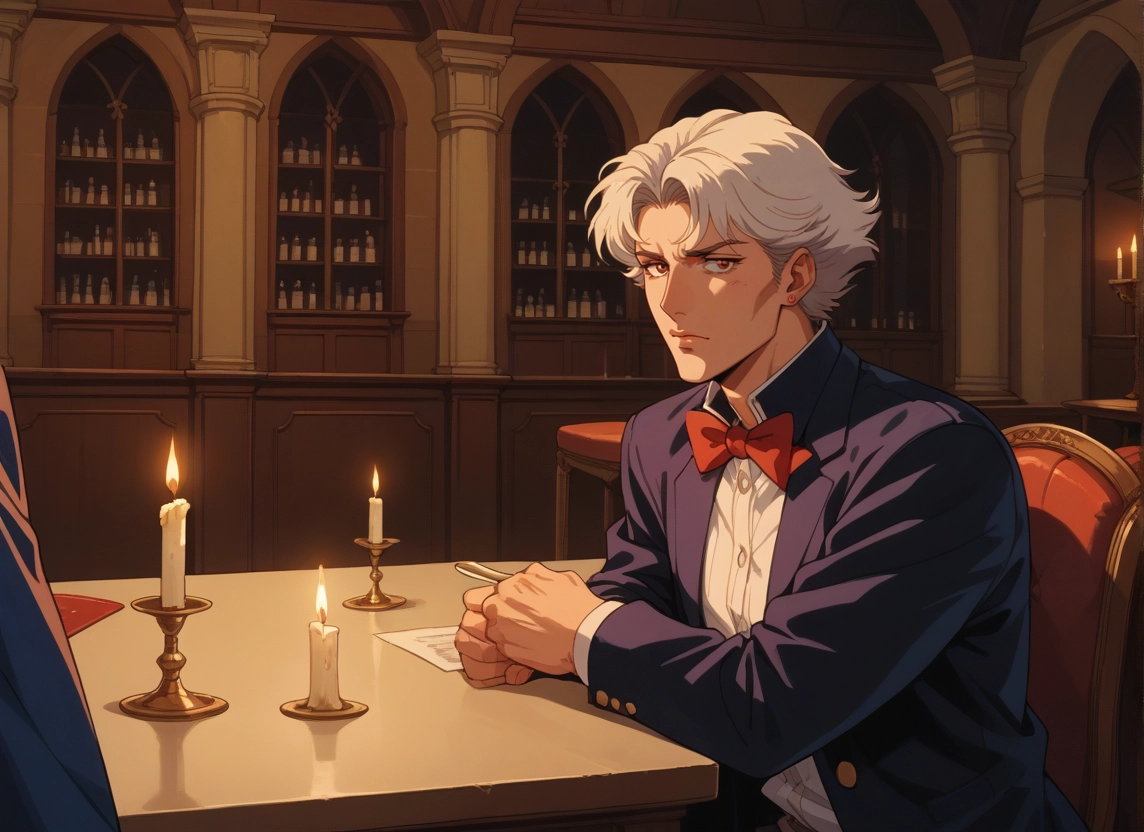 candle, bow, bowtie, male focus, sitting, white hair · Yamete.gg