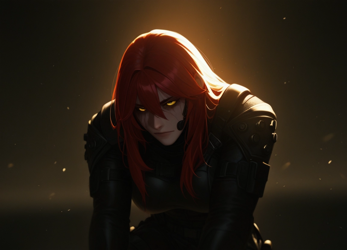 1girl, solo, long hair, yellow eyes, red hair, hair between eyes