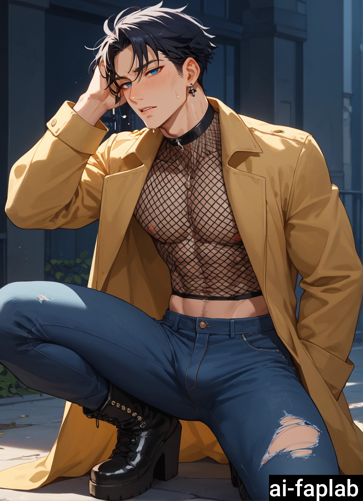 male focus, pectorals, pants, solo, 1boy, jewelry