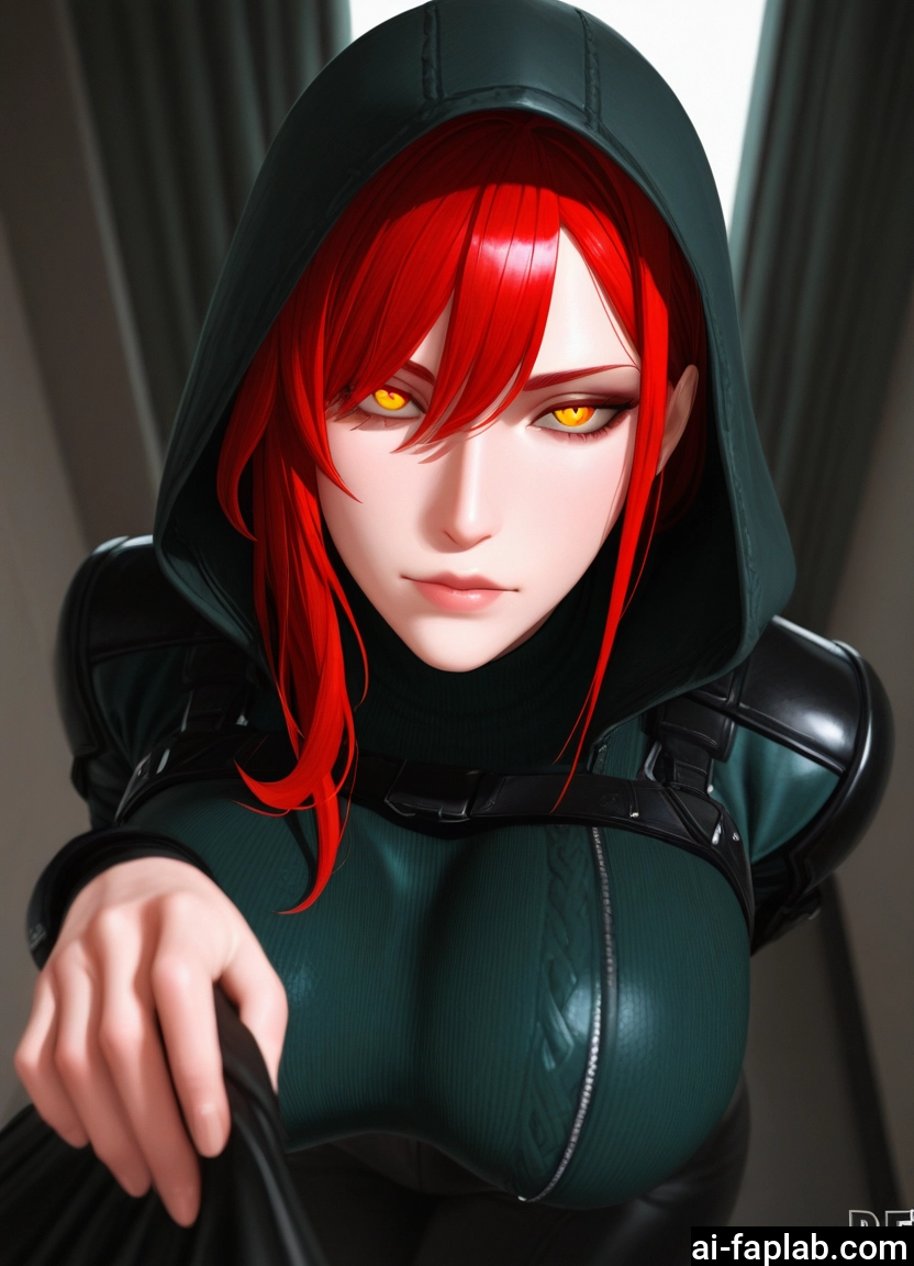 1girl, red hair, yellow eyes, hood, breasts, looking at viewer