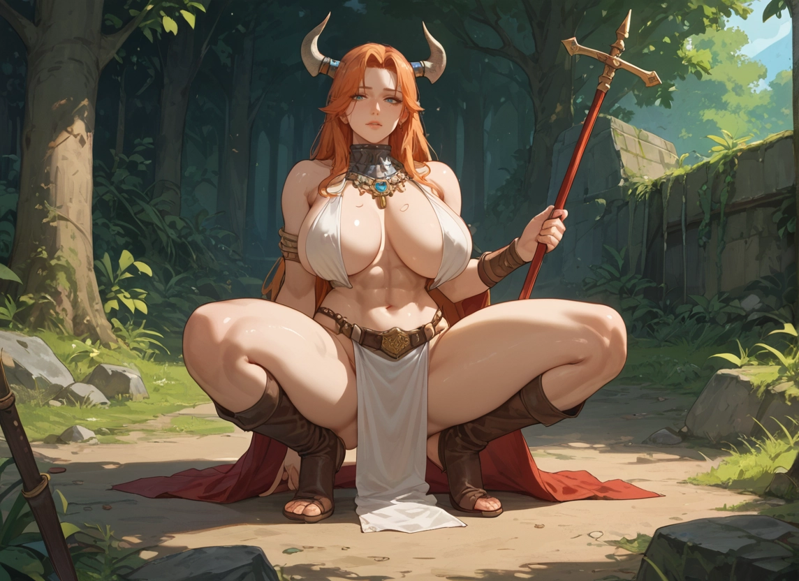 1girl, breasts, horns, long hair, squatting, solo · Yamete.gg