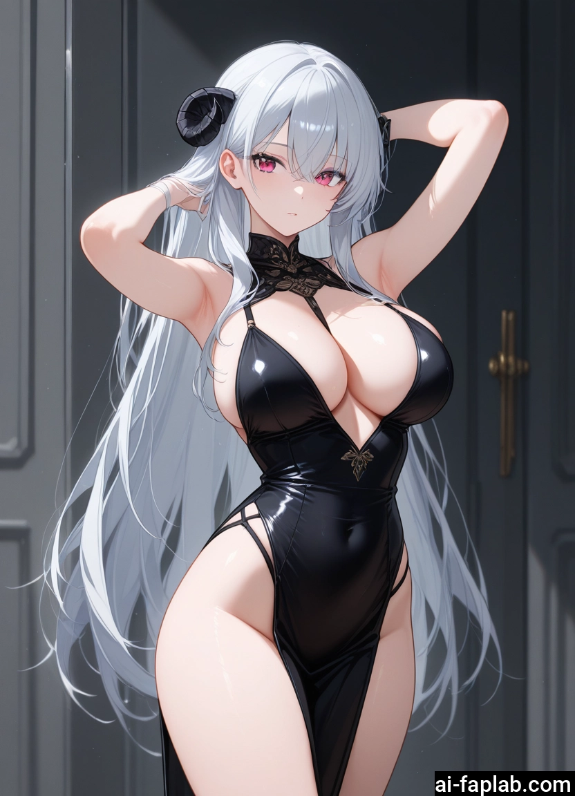 breasts, 1girl, long hair, horns, large breasts, dress