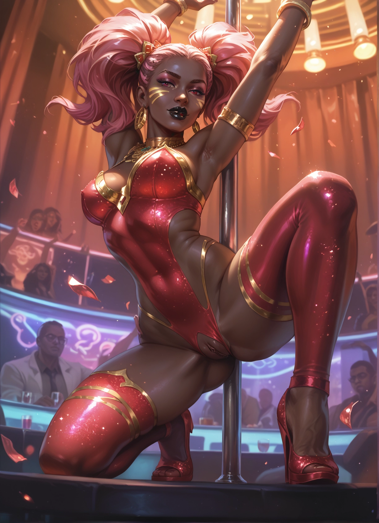pussy, twintails, breasts, 1girl, jewelry, pole dancing · Yamete.gg