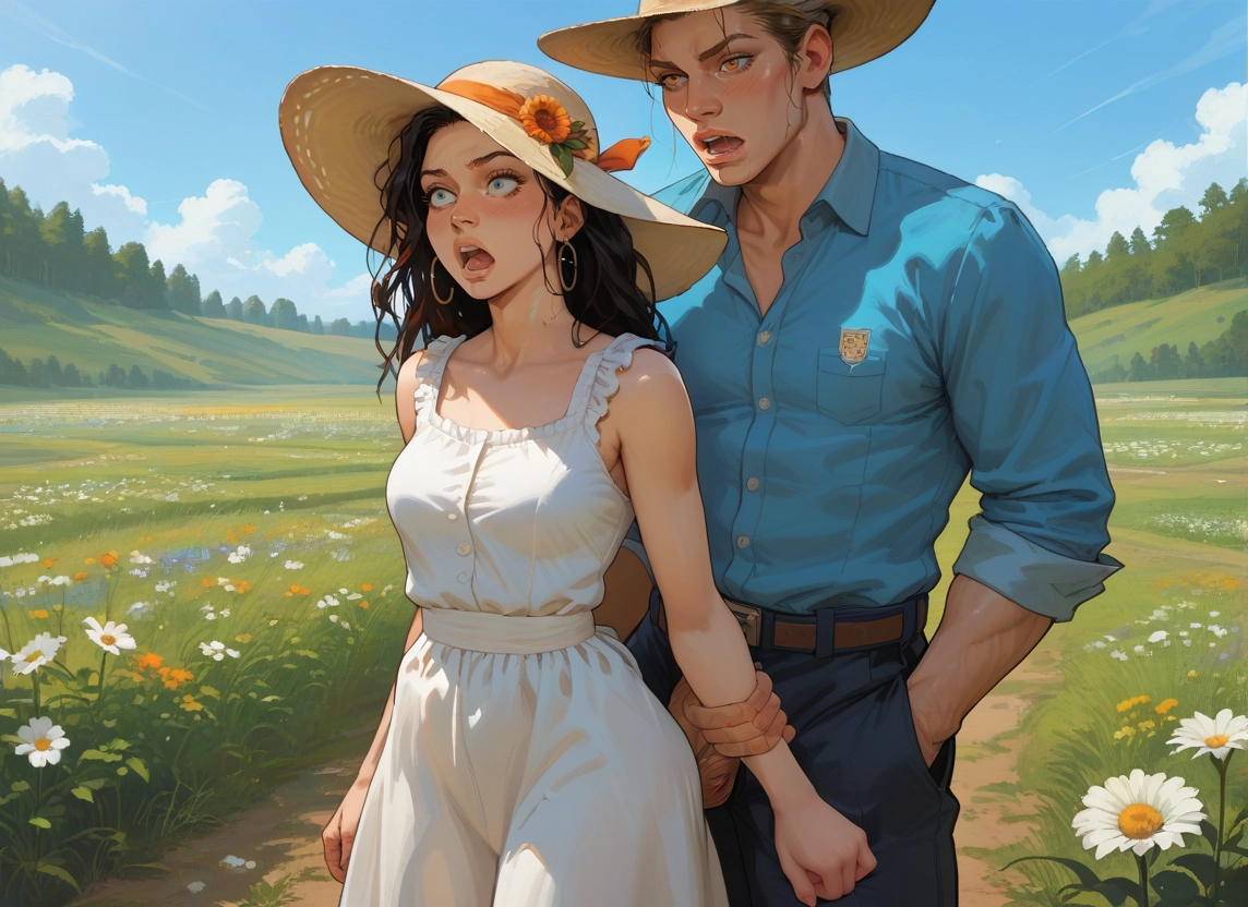 1girl, 1boy, hat, dress, flower, outdoors · Yamete.gg