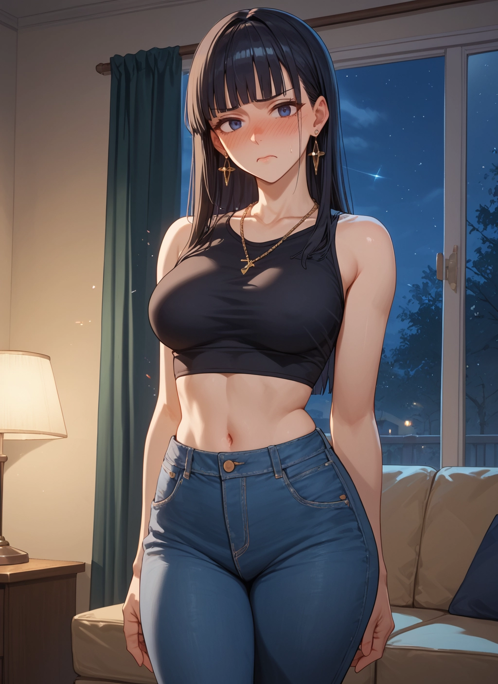 1girl, breasts, jewelry, navel, earrings, pants · Yamete.gg