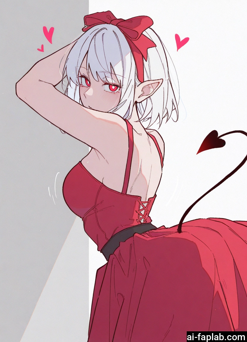 1girl, tail, dress, red eyes, breasts, demon tail