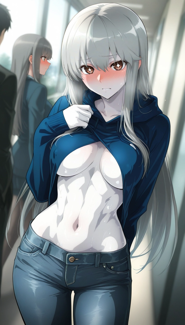 multiple girls, breasts, pants, 2girls, long hair, hoodie lift · Yamete.gg