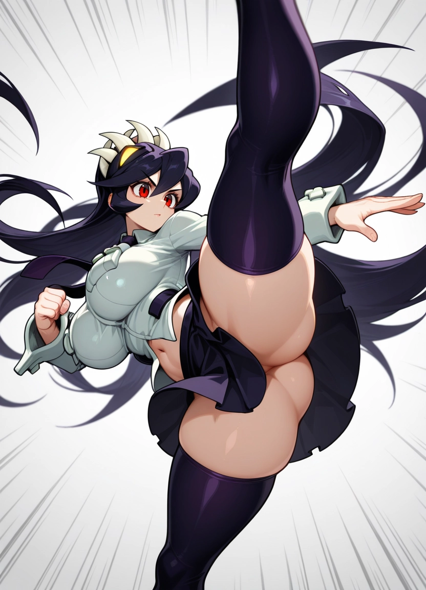 1girl, breasts, filia (skullgirls), red eyes, solo, thighhighs · Yamete.gg