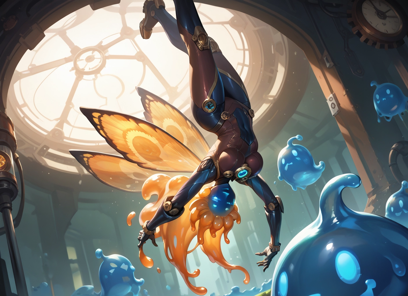 1girl, wings, breasts, upside-down, clock, bodysuit · Yamete.gg
