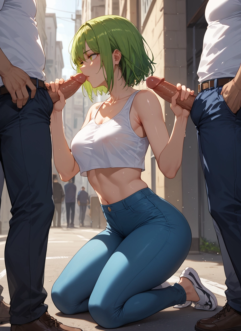 1girl, multiple boys, penis, handjob, breasts, pants · Yamete.gg