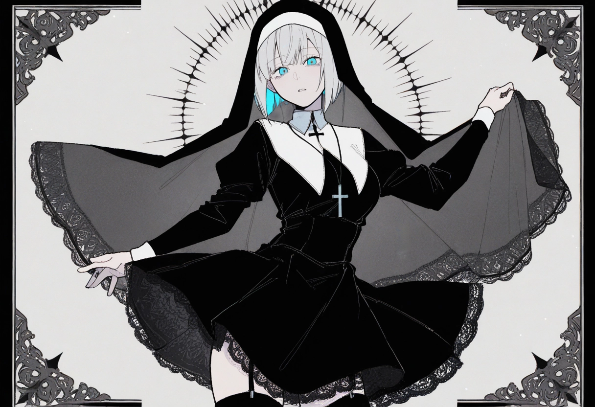 1girl, solo, nun, blue eyes, dress, cross · Yamete.gg