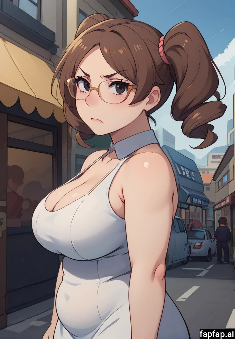 breasts, 1girl, dress, brown hair, large breasts, white dress · Yamete.gg