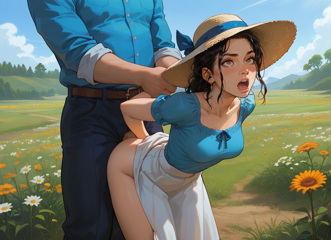 1girl, 1boy, outdoors, flower, hat, hetero · Yamete.gg