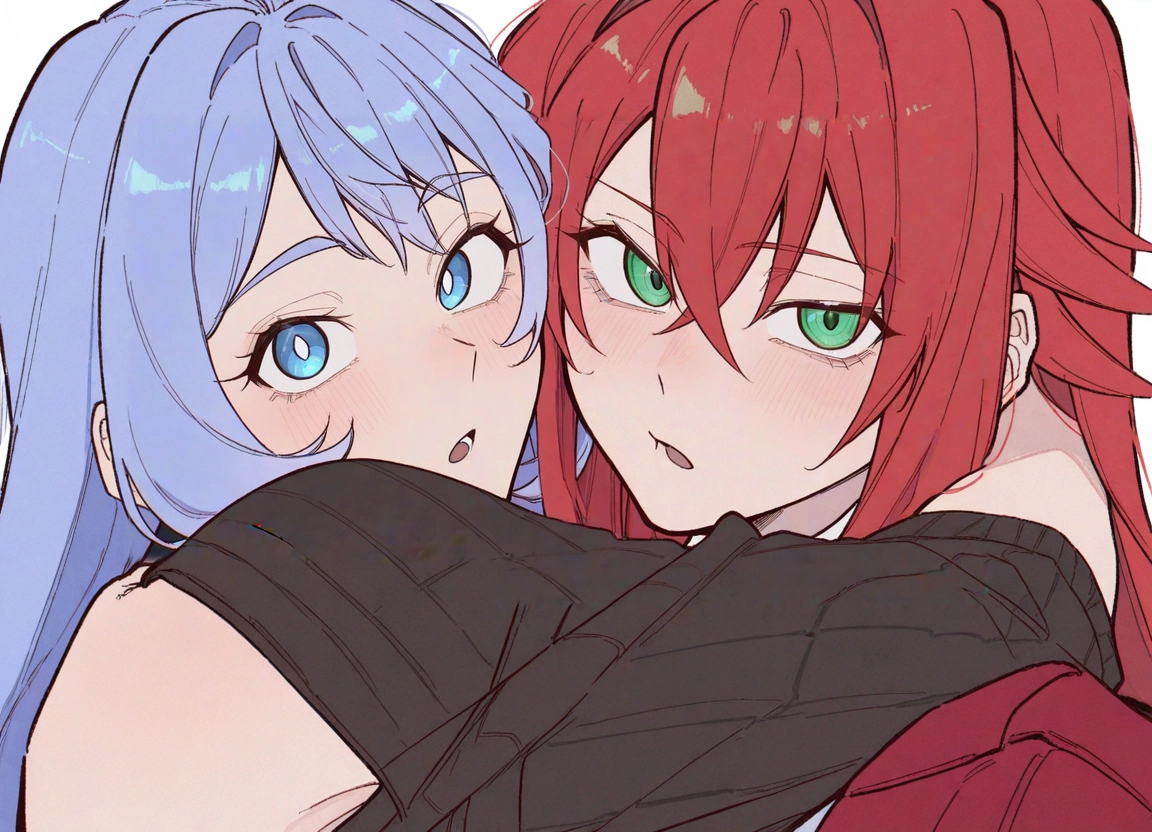 red hair, multiple girls, 2girls, green eyes, blue eyes, looking at viewer · Yamete.gg