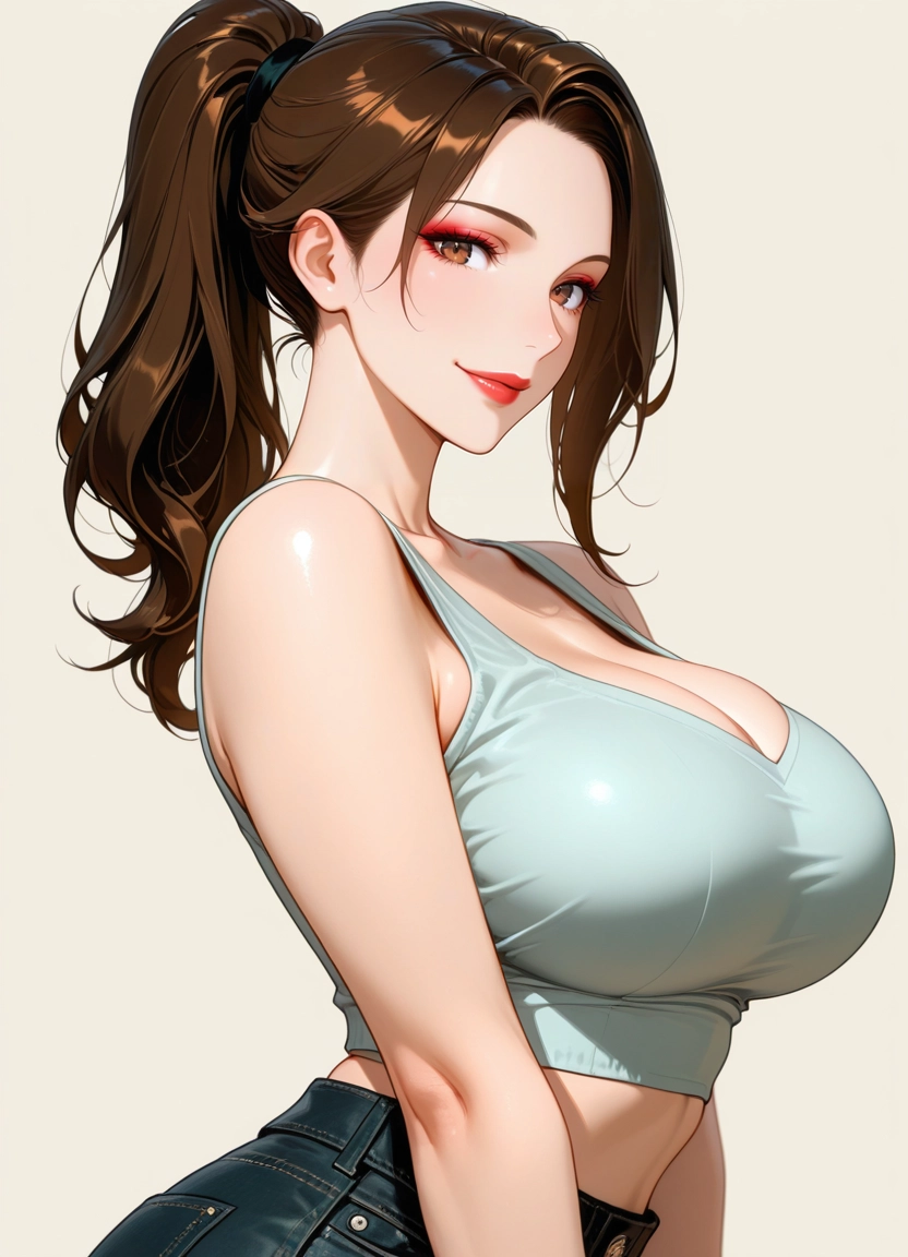breasts, 1girl, brown hair, brown eyes, cleavage, looking at viewer · Yamete.gg