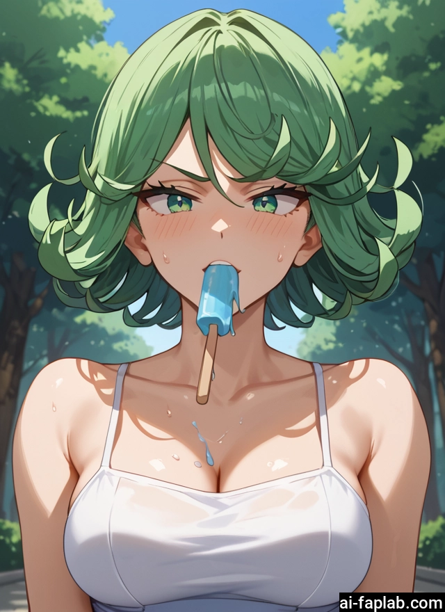 1girl, breasts, green eyes, food, green hair, solo