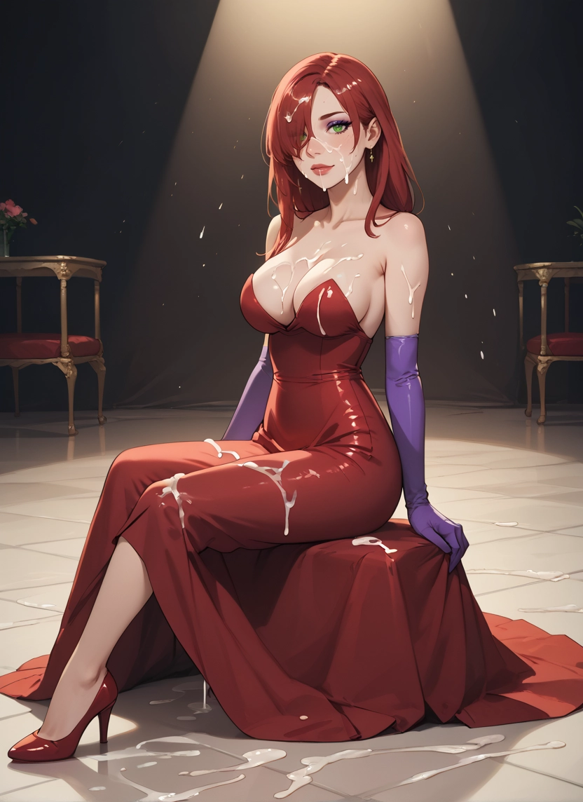 1girl, breasts, dress, gloves, cum, green eyes · Yamete.gg