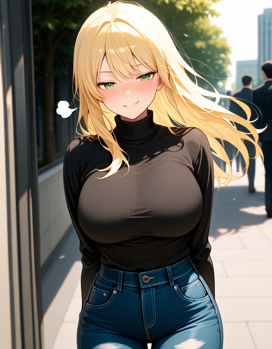 breasts, blonde hair, denim, blush, large breasts, green eyes · Yamete.gg
