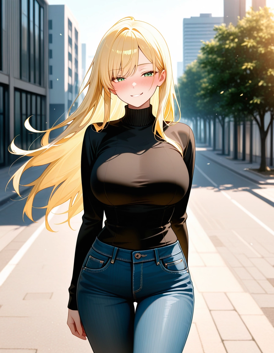1girl, denim, breasts, blonde hair, solo, jeans · Yamete.gg