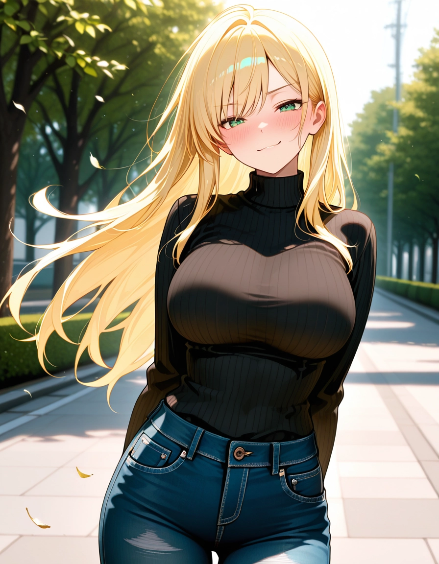 1girl, denim, breasts, blonde hair, solo, long hair · Yamete.gg