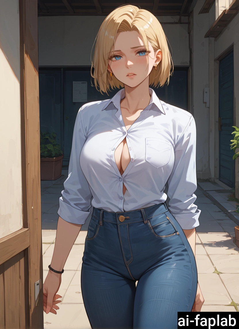 1girl, high-waist pants, breasts, pants, solo, button gap · Yamete.gg