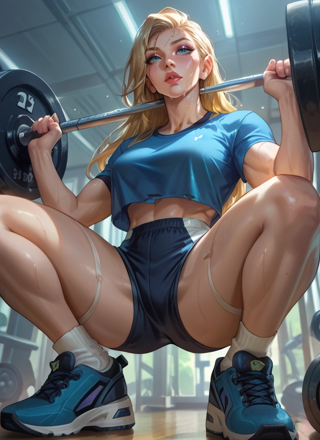 1girl, blonde hair, sweat, squatting, shoes, shorts · Yamete.gg