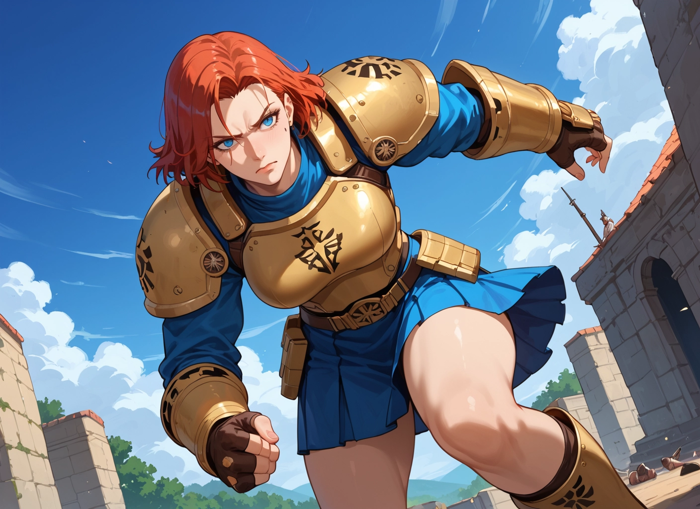 1girl, blue eyes, gloves, armor, skirt, fingerless gloves · Yamete.gg