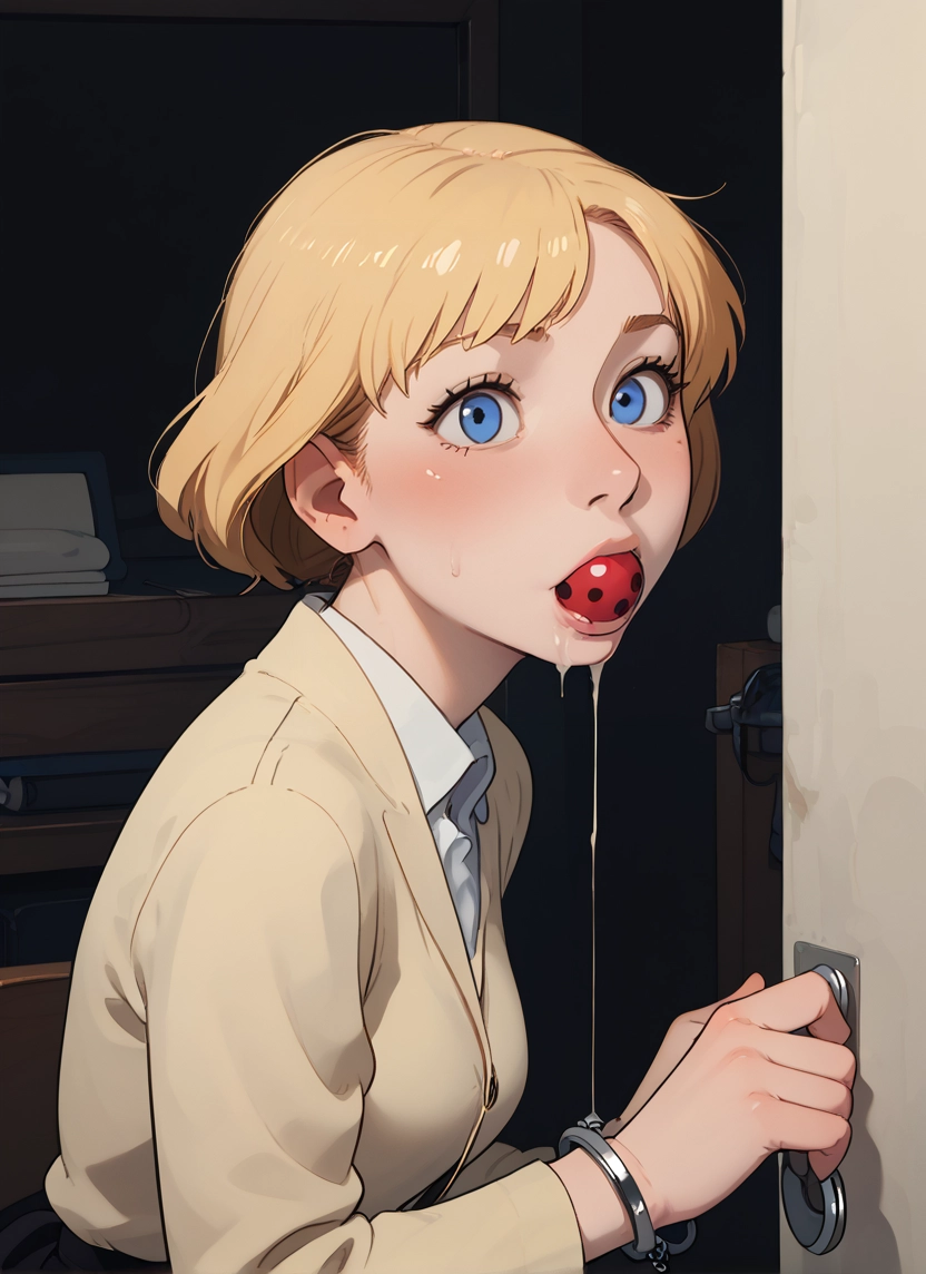 ball gag, 1girl, blonde hair, handcuffs, blue eyes, solo