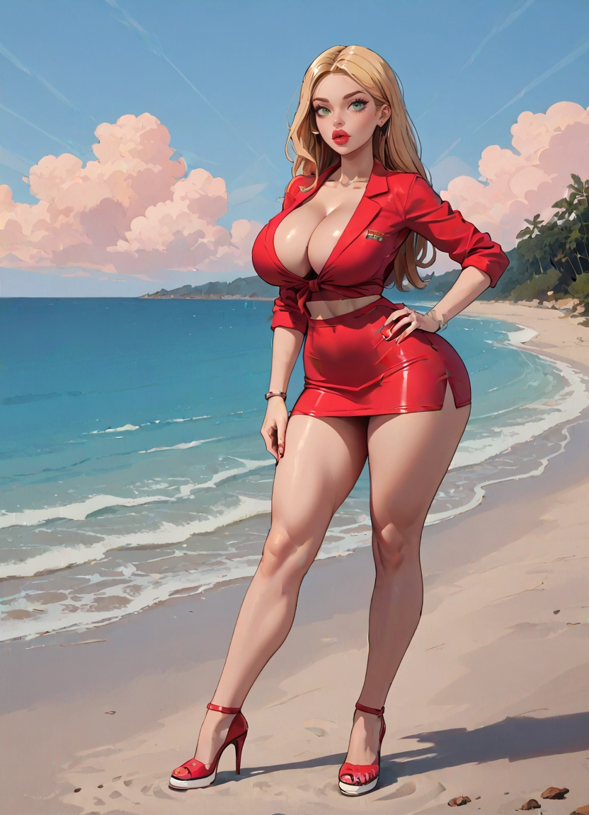 1girl, breasts, high heels, solo, green eyes, beach · Yamete.gg