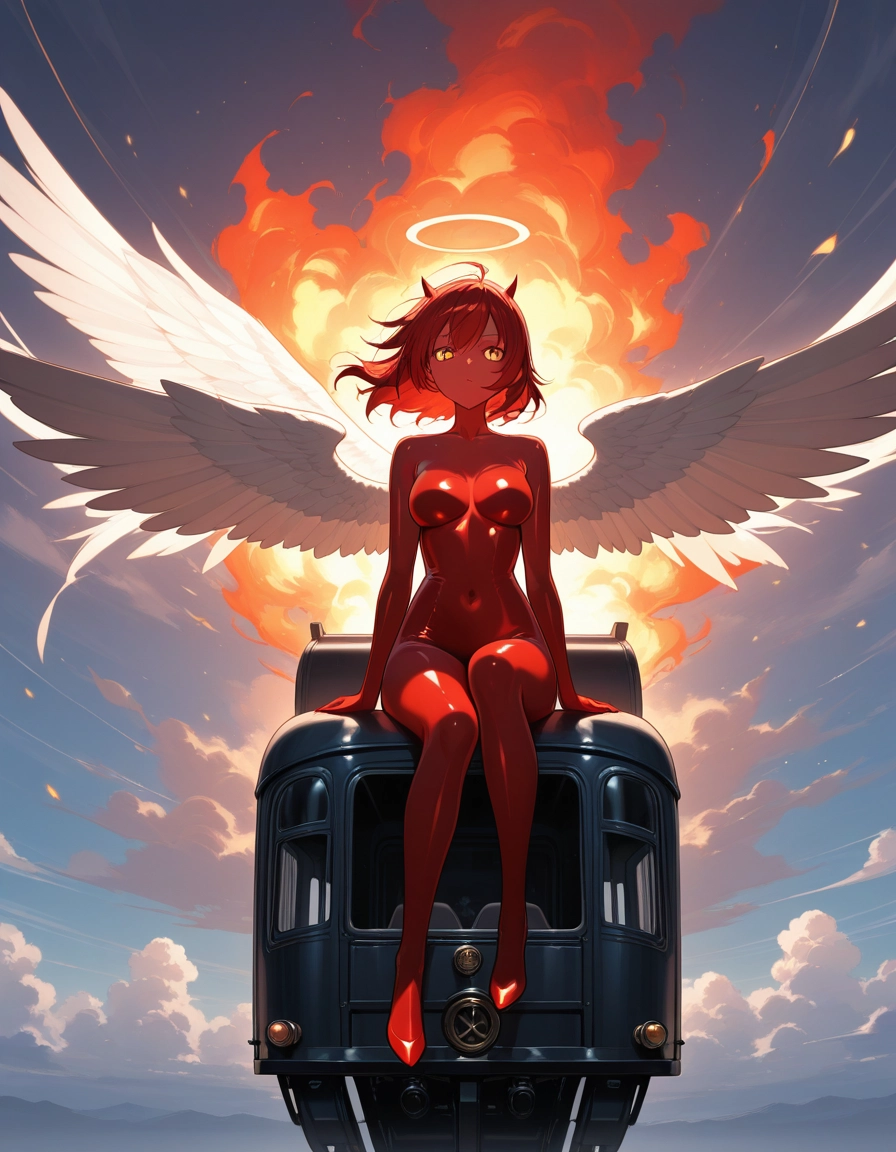 1girl, wings, solo, halo, horns, angel · Yamete.gg