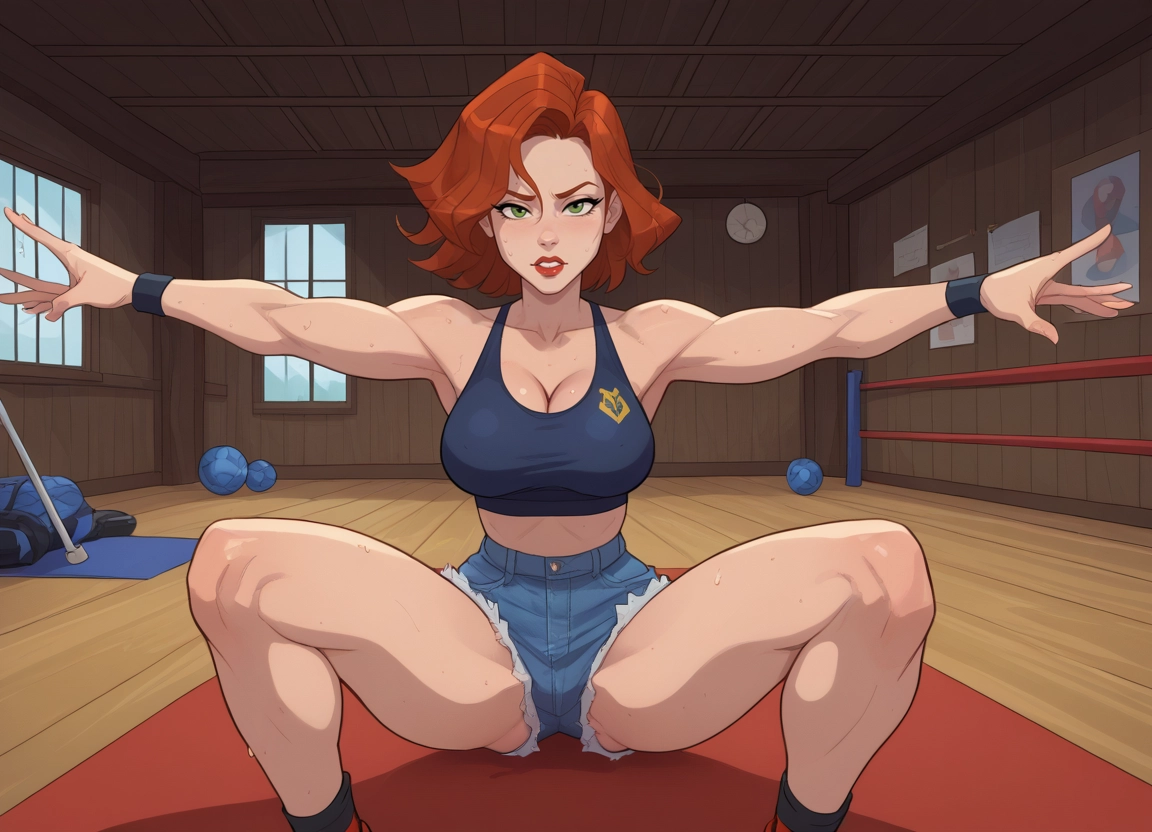 1girl, breasts, shorts, green eyes, sweat, cleavage · Yamete.gg