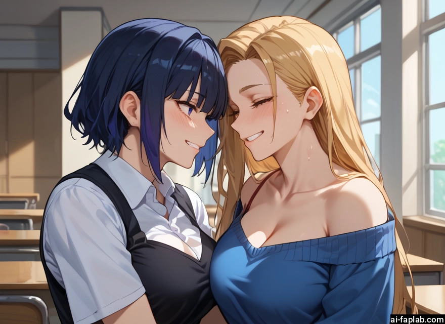breasts, multiple girls, 2girls, smile, long hair, blonde hair · Yamete.gg