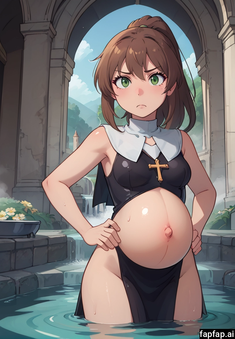 1girl, pregnant, brown hair, breasts, solo, green eyes · Yamete.gg
