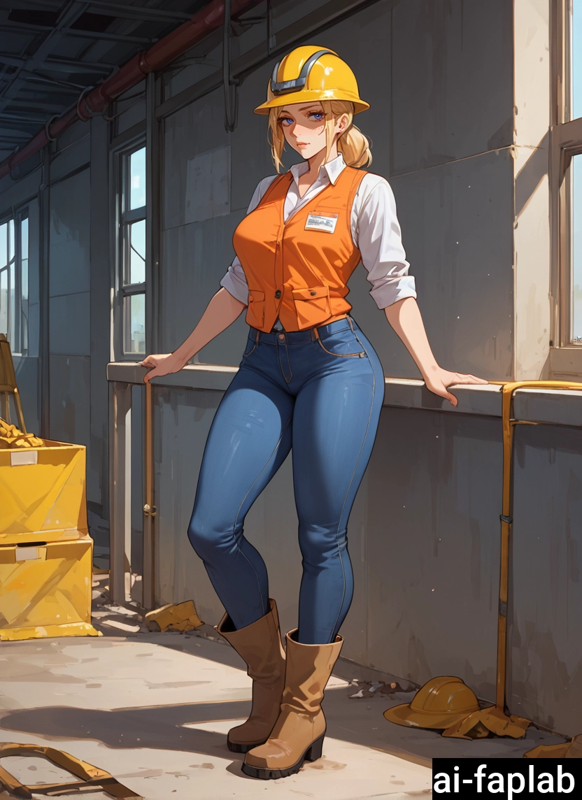 1girl, boots, helmet, hardhat, solo, blonde hair