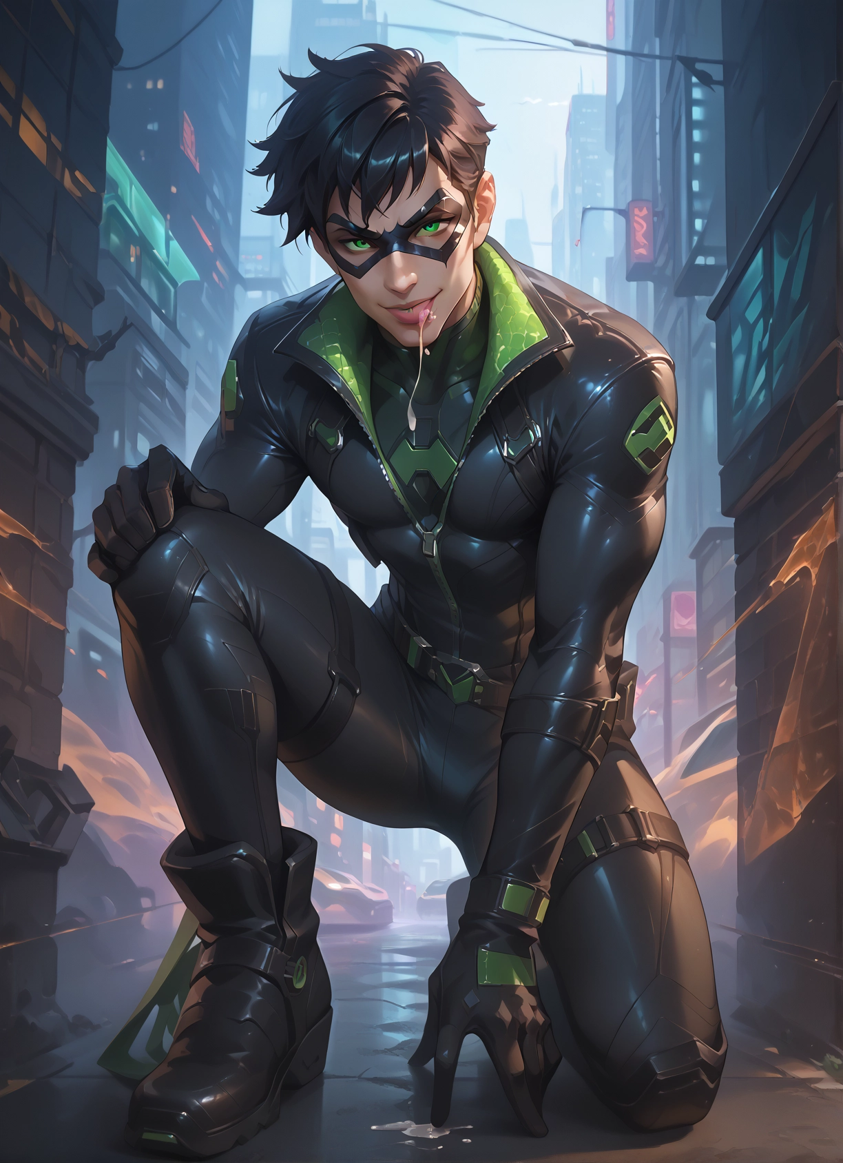 1boy, male focus, green eyes, bodysuit, mask, solo · Yamete.gg