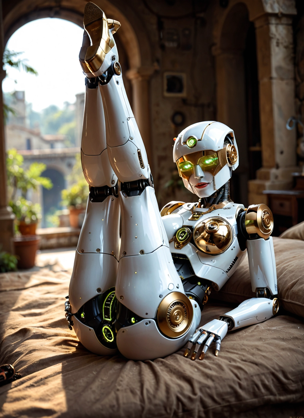 1girl, solo, plant, robot, green eyes, looking at viewer · Yamete.gg
