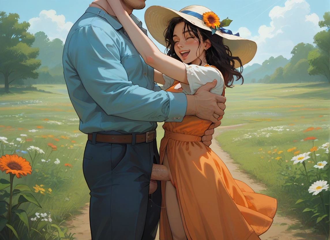 1girl, outdoors, 1boy, hat, penis, flower · Yamete.gg