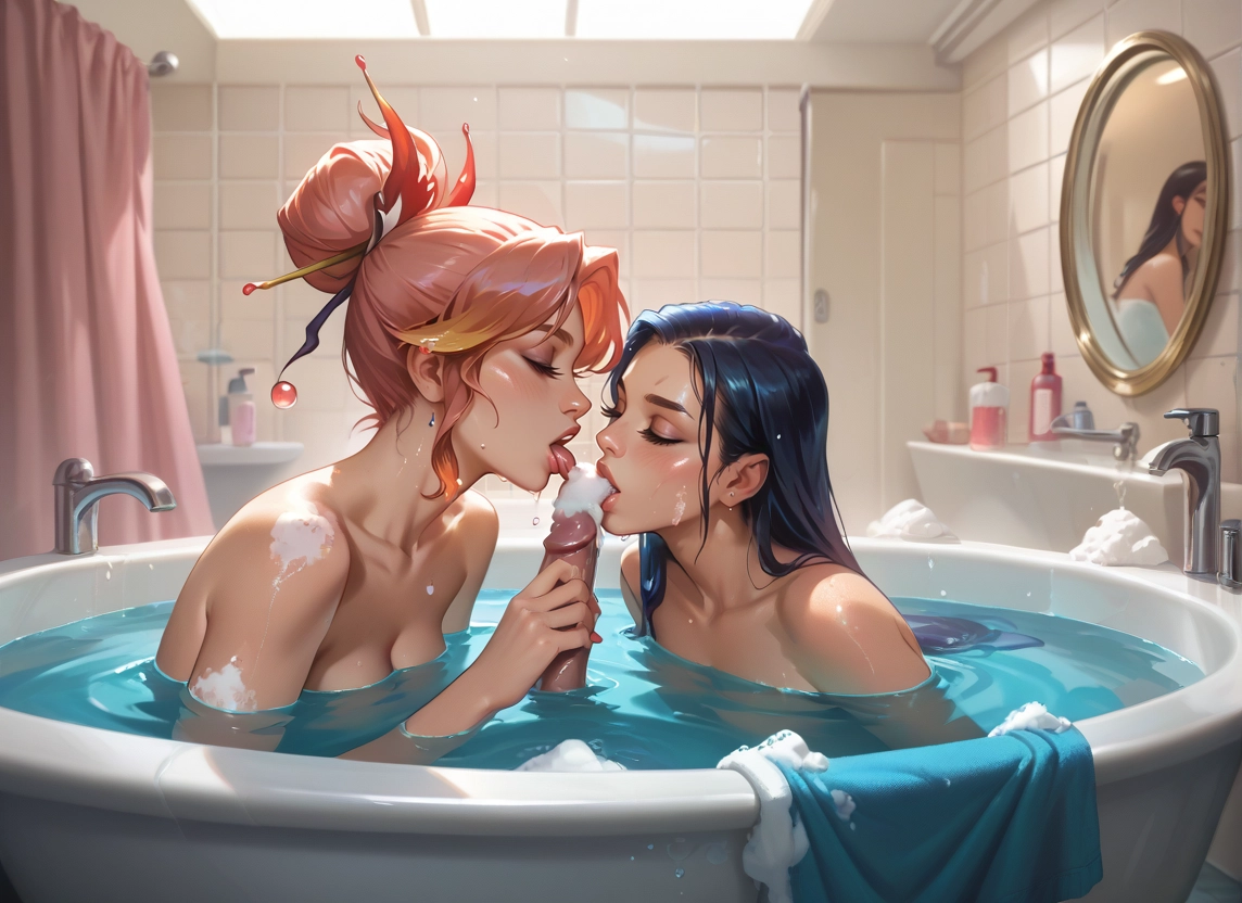 multiple girls, 2girls, closed eyes, breasts, bathtub, bathroom · Yamete.gg