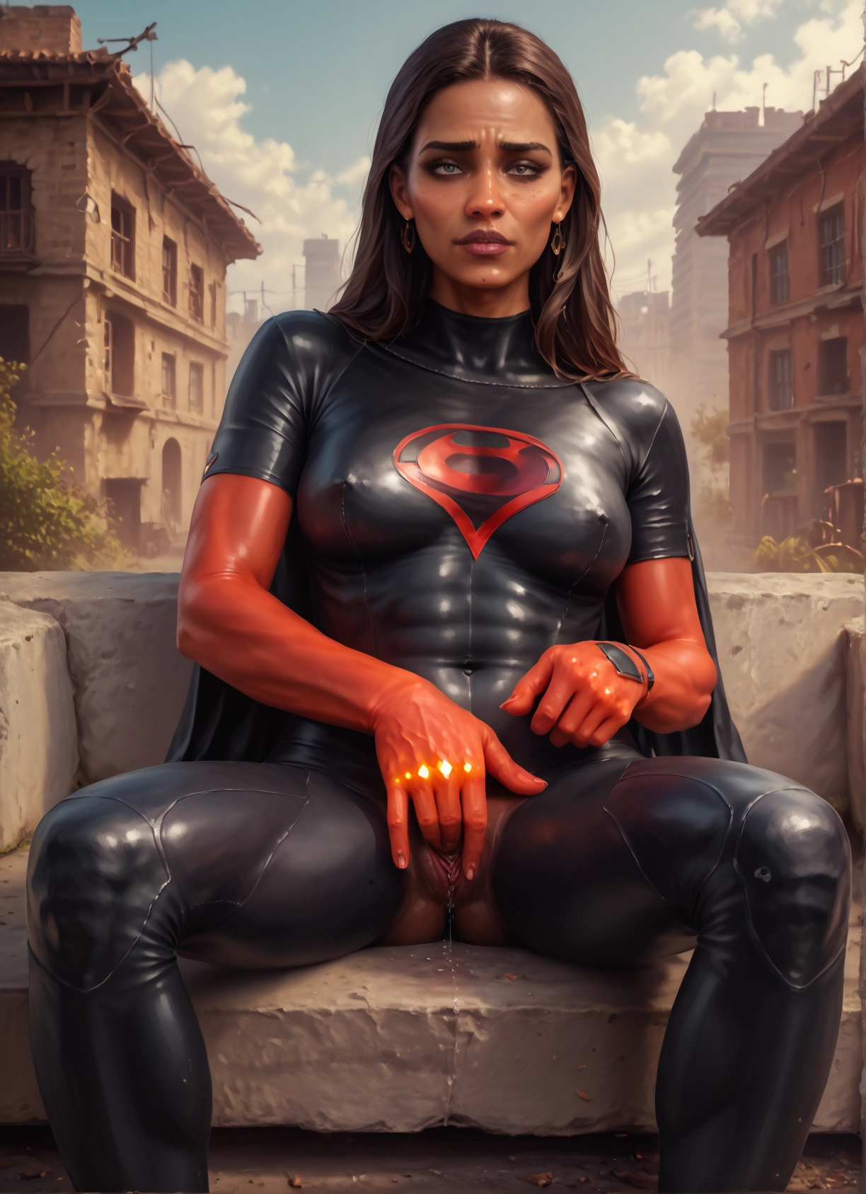 1girl, solo, bodysuit, jewelry, earrings, pussy · Yamete.gg