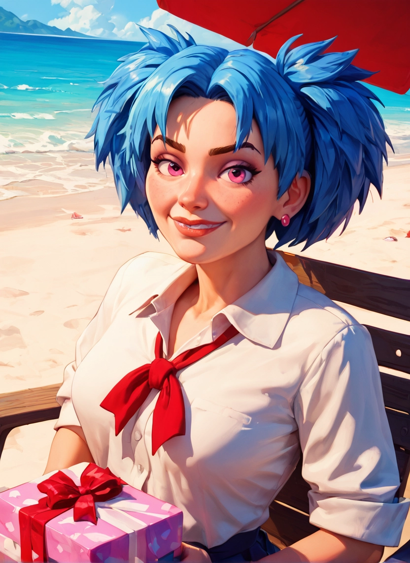 1girl, jewelry, blue hair, earrings, beach, solo · Yamete.gg